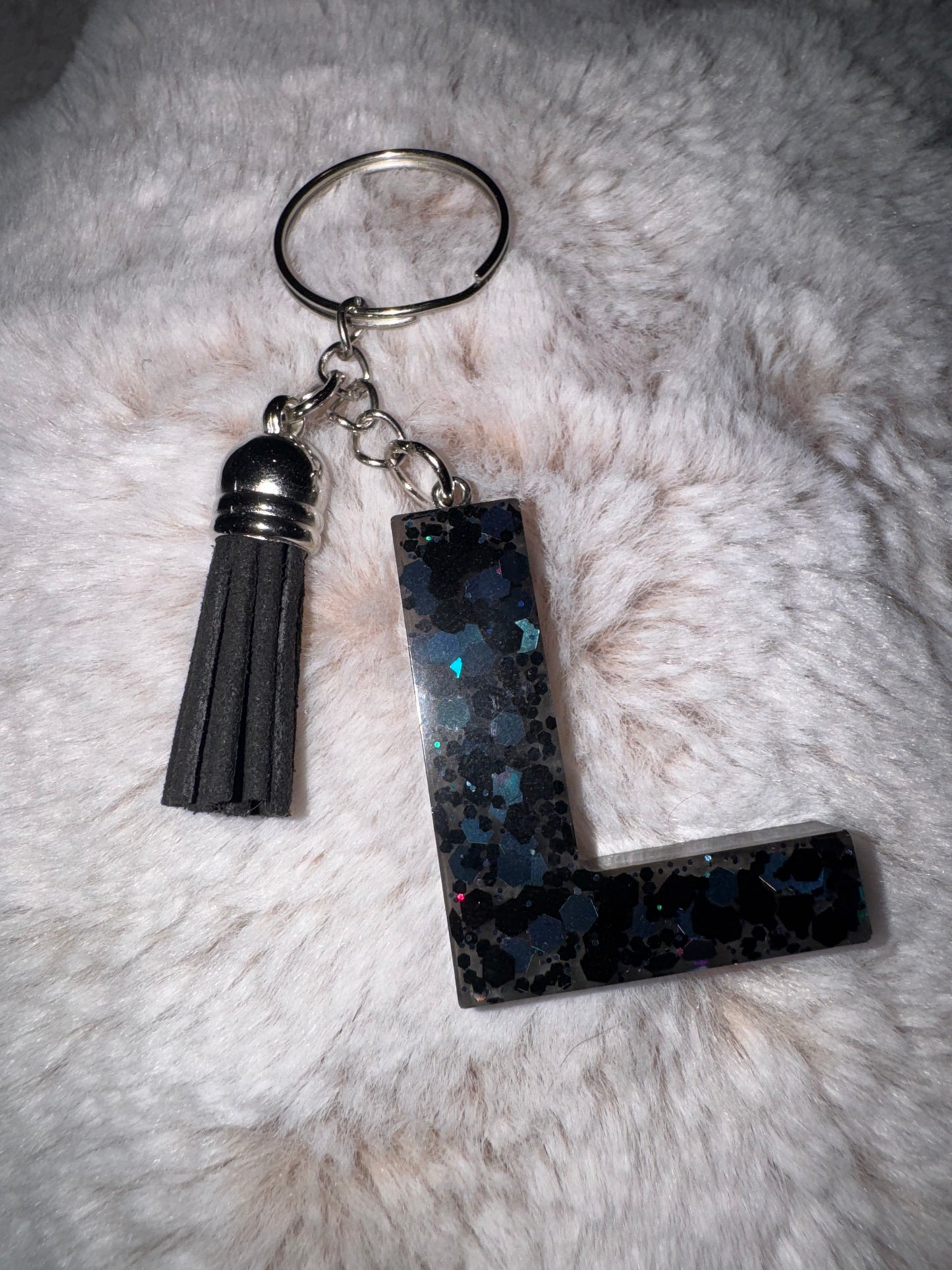 L Black Glitter Keychain