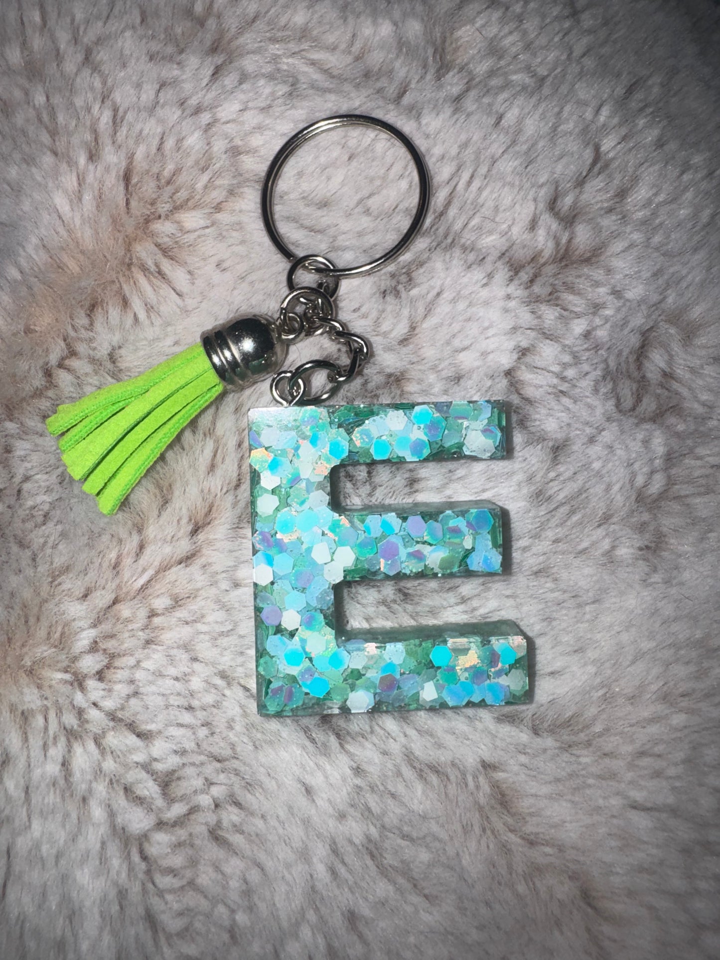 E Blue and Green Glitter Keychain