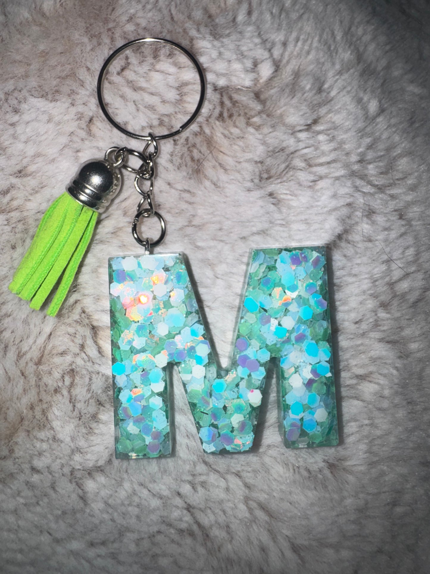 M Blue and Green Glitter Keychain