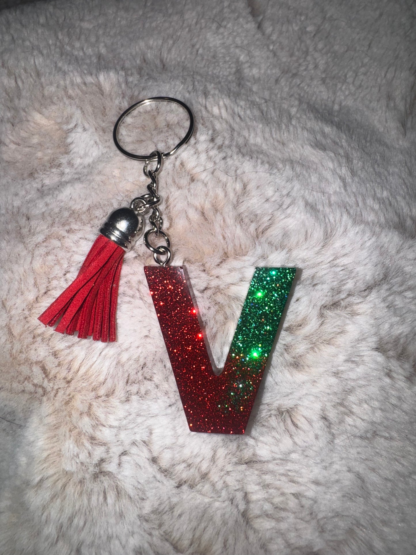 V Red and Green Glitter Keychain