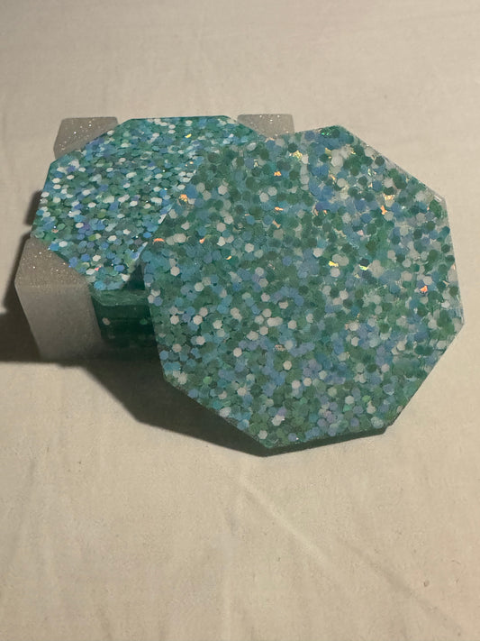 Blue and White Glitter Coaster Set