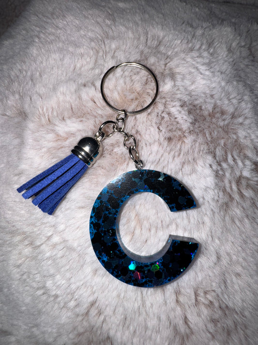 C Blue and Black Glitter Keychain