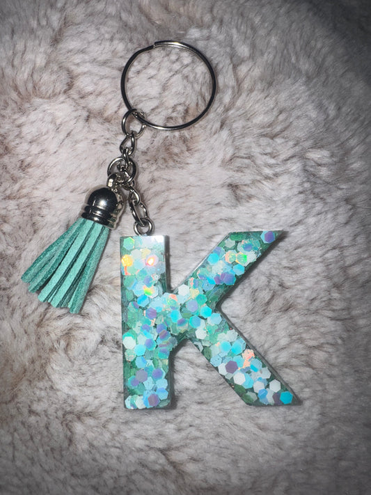 K Blue and Green Glitter Keychain