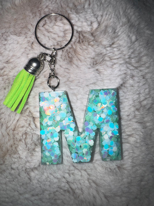 M Blue and Green Glitter Keychain