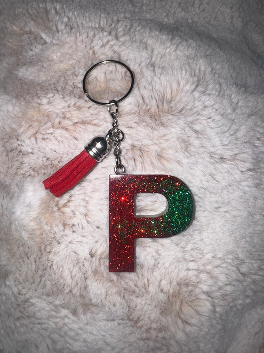 P Red and Green Glitter Keychain