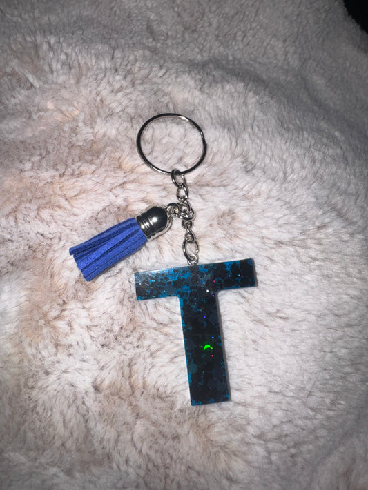 T Blue and Black Glitter Keychain
