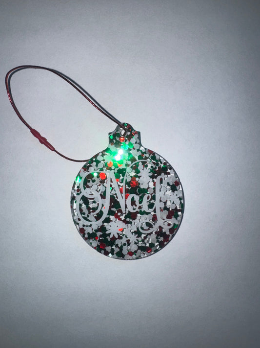 Noel Ornament with Red, Green and White Glitter