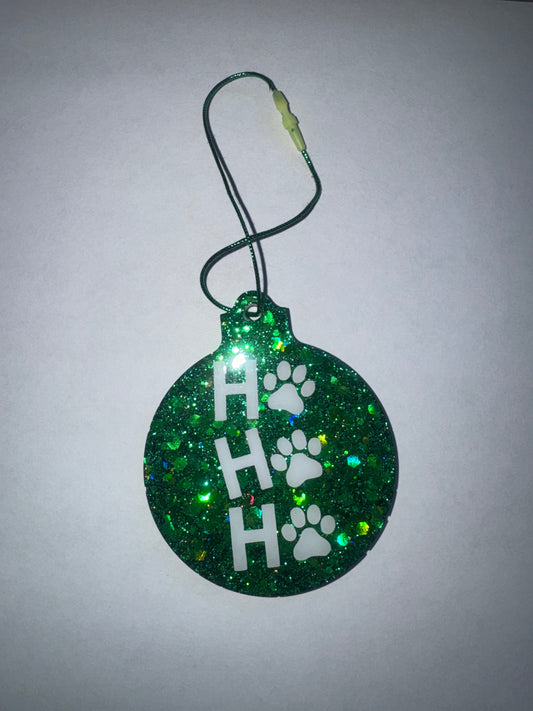 Ho Ho Ho with Paw Prints Green Glitter Ornament