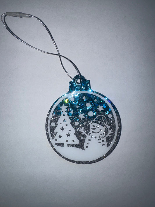 Snowman Theme Ornament with Blue and Silver Glitter