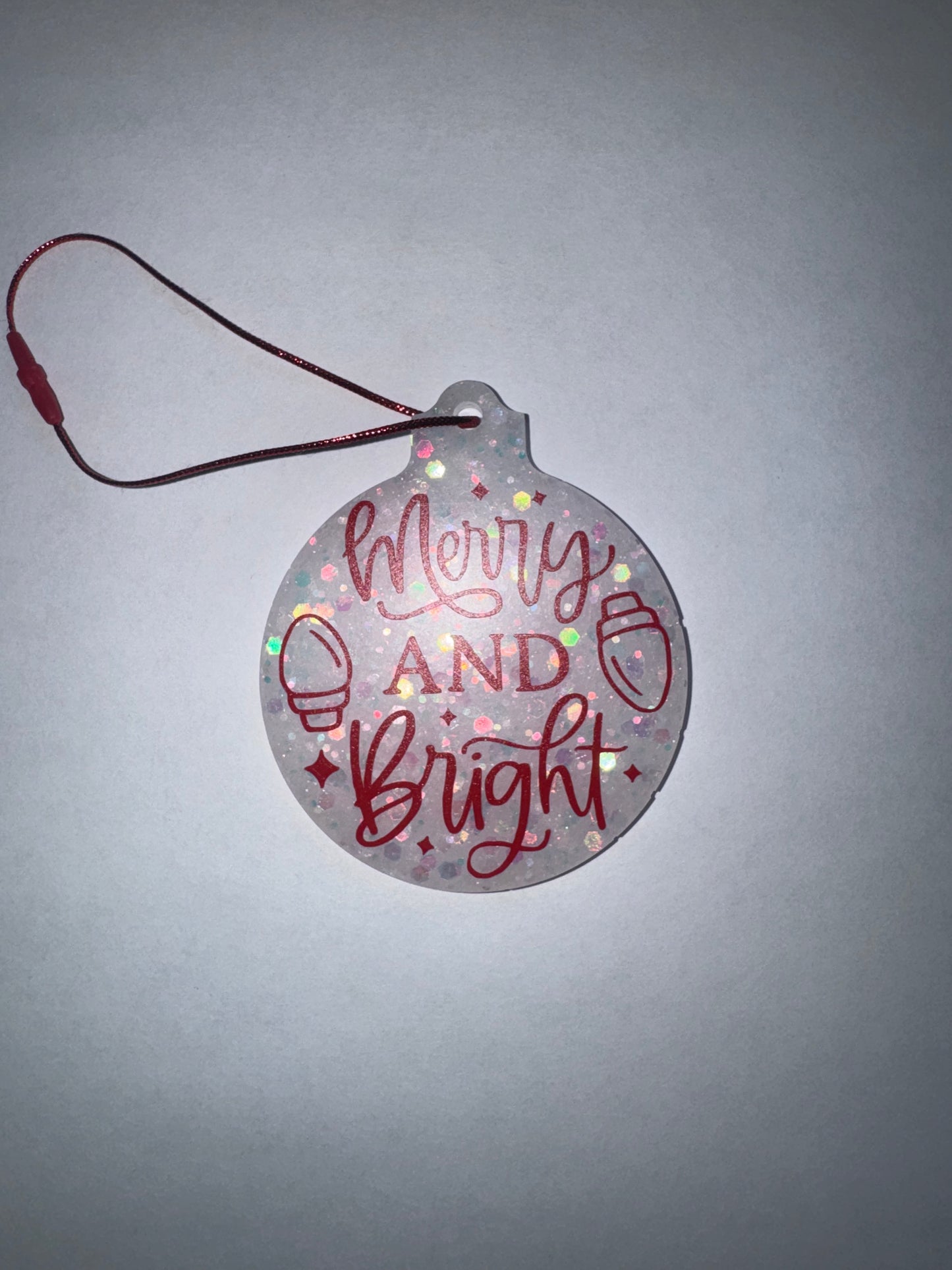 Merry and Bright Ornament with White Glitter