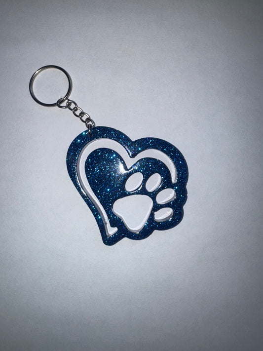 Blue and Silver Glitter Paw Print Keychain