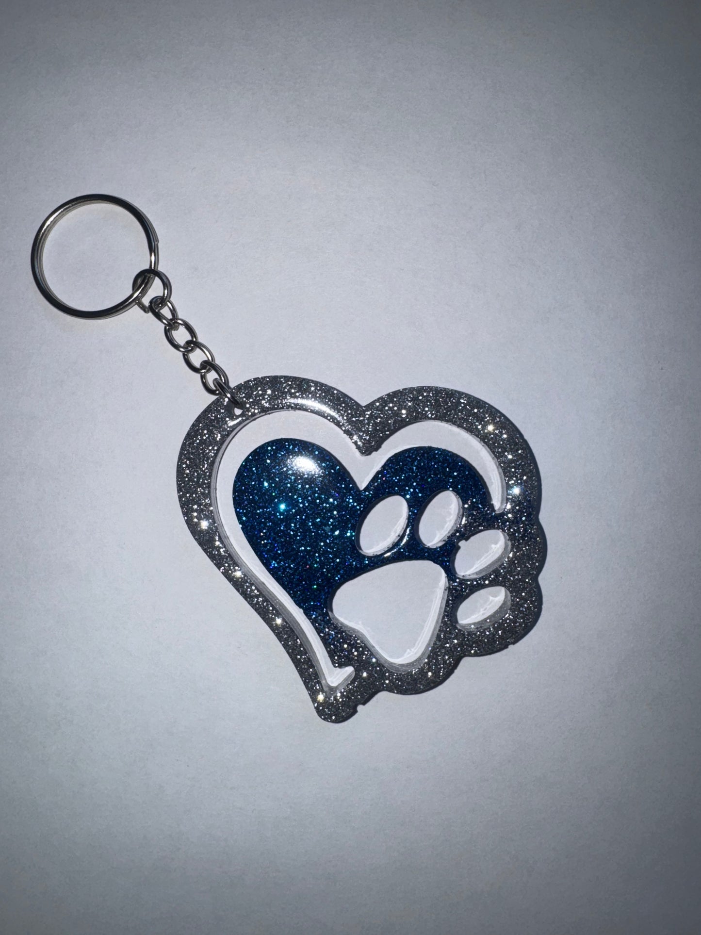 Silver and Blue Glitter Paw Print Keychain