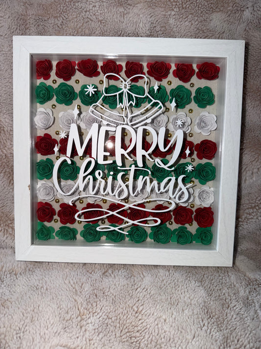 Merry Christmas Shadow Box with Rolled Flowers- 9x9